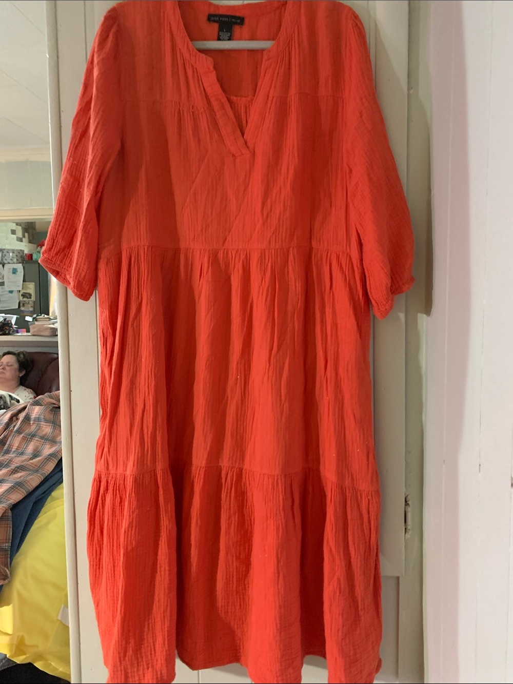 Joan Vass New York Vibrant Orange Tiered Midi Dress Sz L fits like XL
